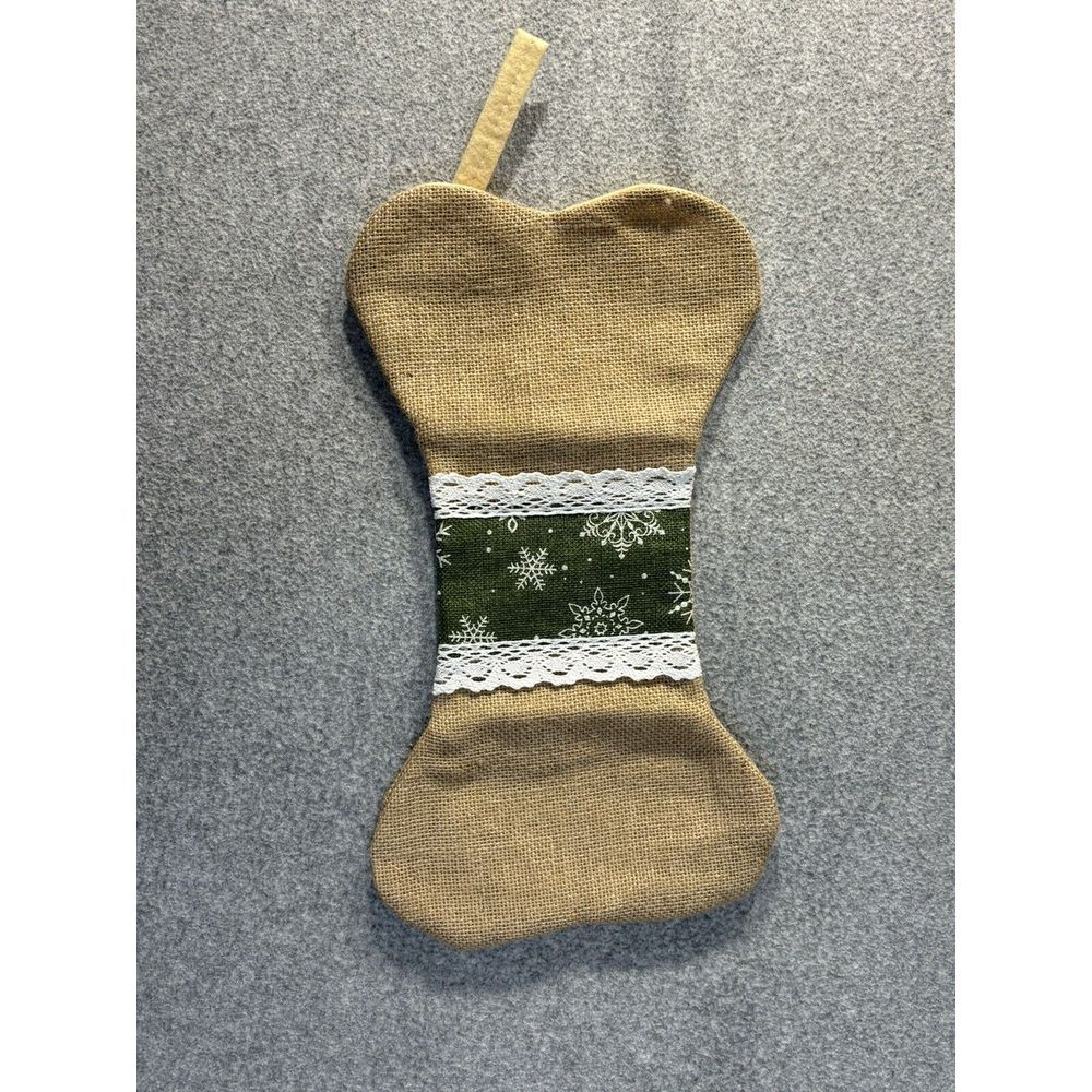 Burlap Dog Bone Shaped Doggy Christmas‎ Stocking with Green Trim NWOT